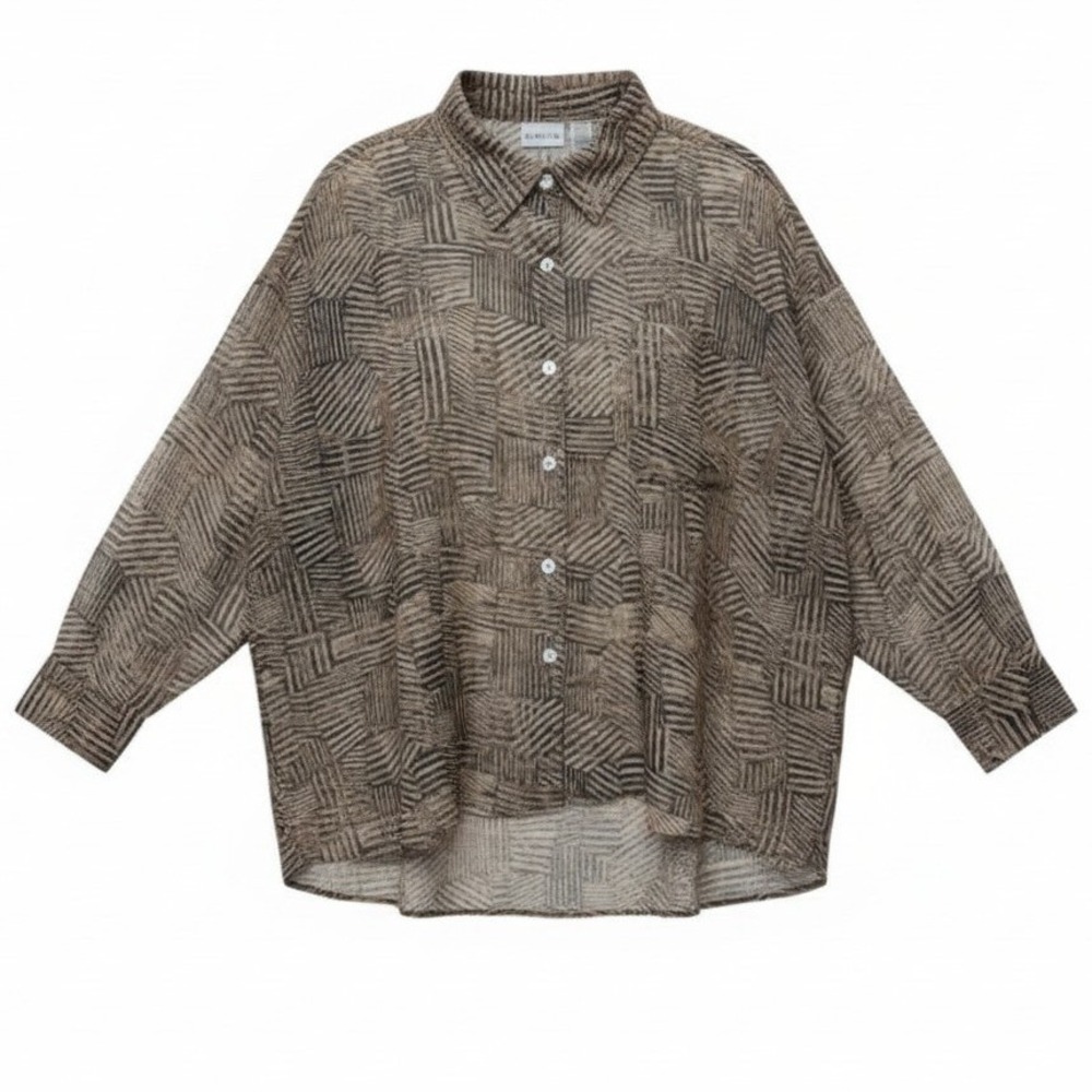Chico's Button Up Shirt Womens 3 XL Brown Geometric Burnout Devore Blouse
